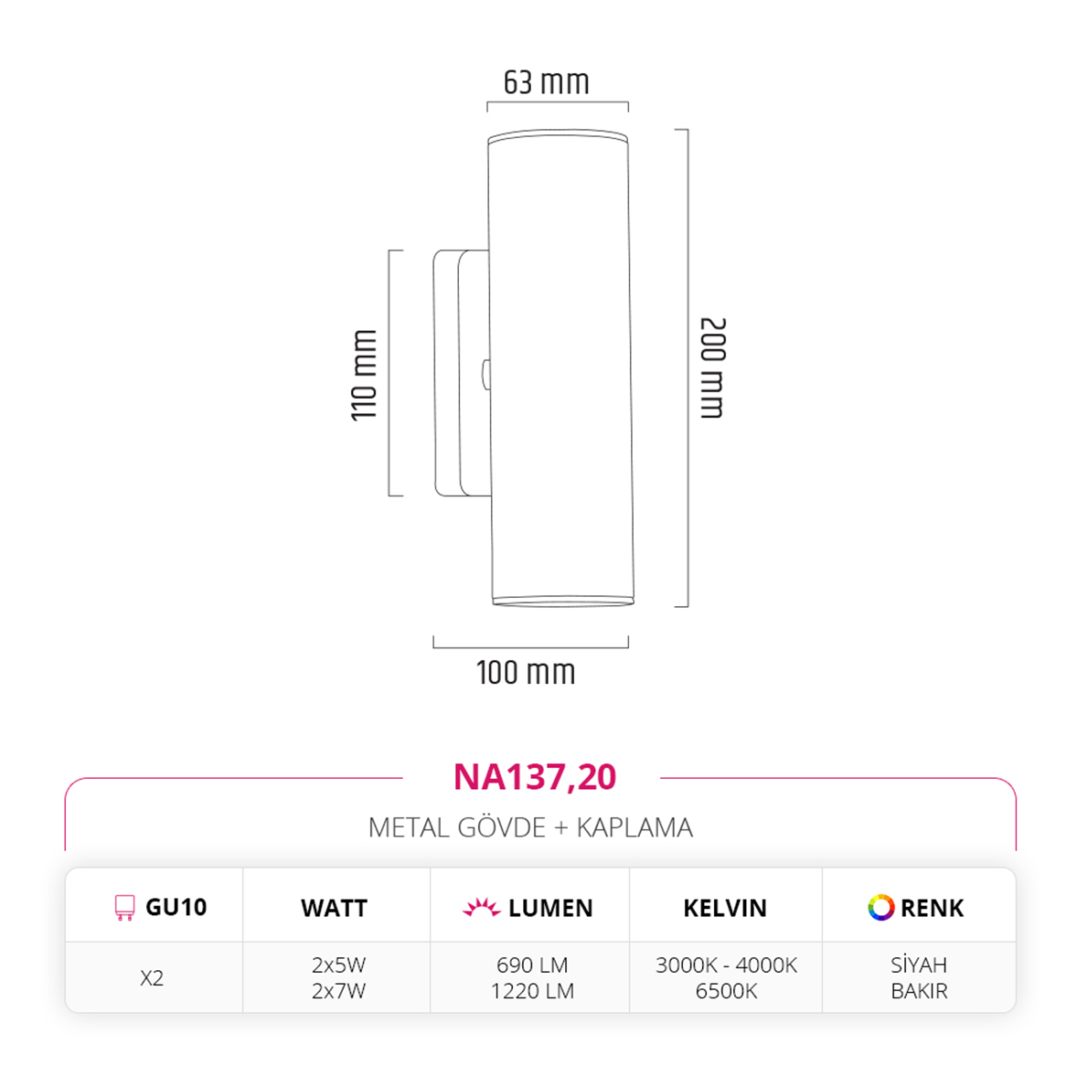 Nevo Çift Yönlü İç Mekan Aplik Siyah Bakır NA137