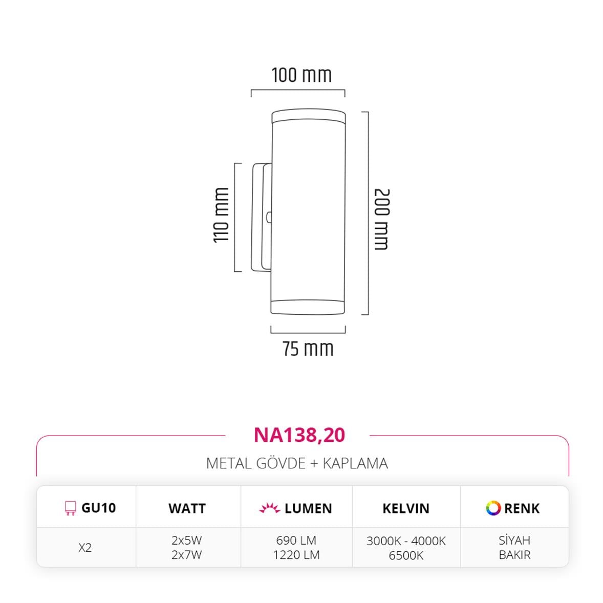 Nevo Çift Yönlü İç Mekan Aplik Siyah Bakır NA138