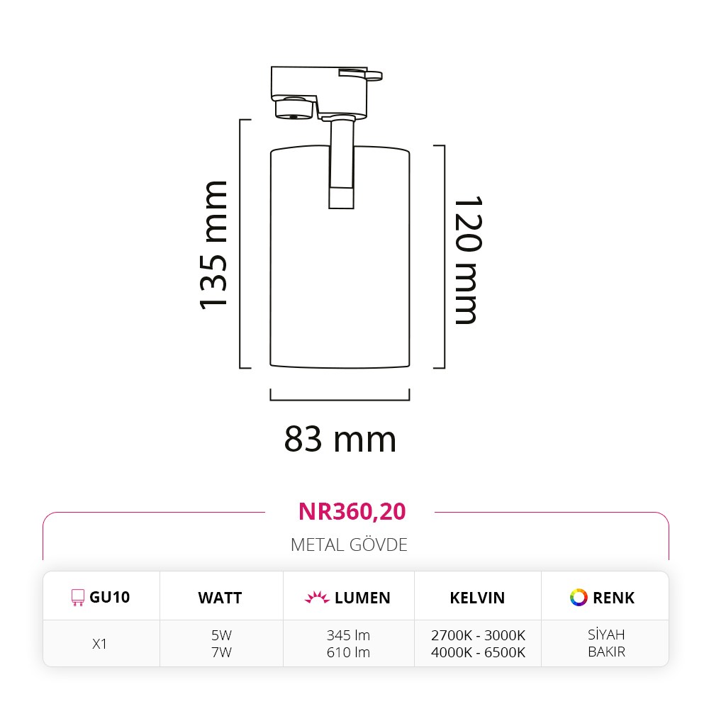 Nevo Dekoratif Ray Spot Siyah Bakır NR360