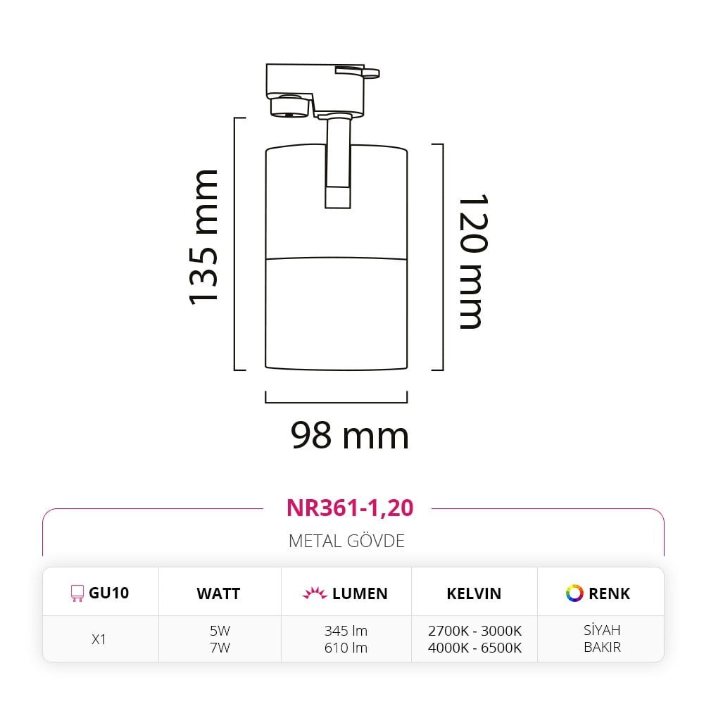 Nevo Dekoratif Ray Spot Siyah Bakır NR361-1