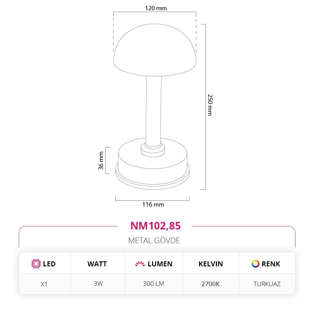 Nevo Dekoratif Şarjlı Turkuaz Masa Lambası NM102