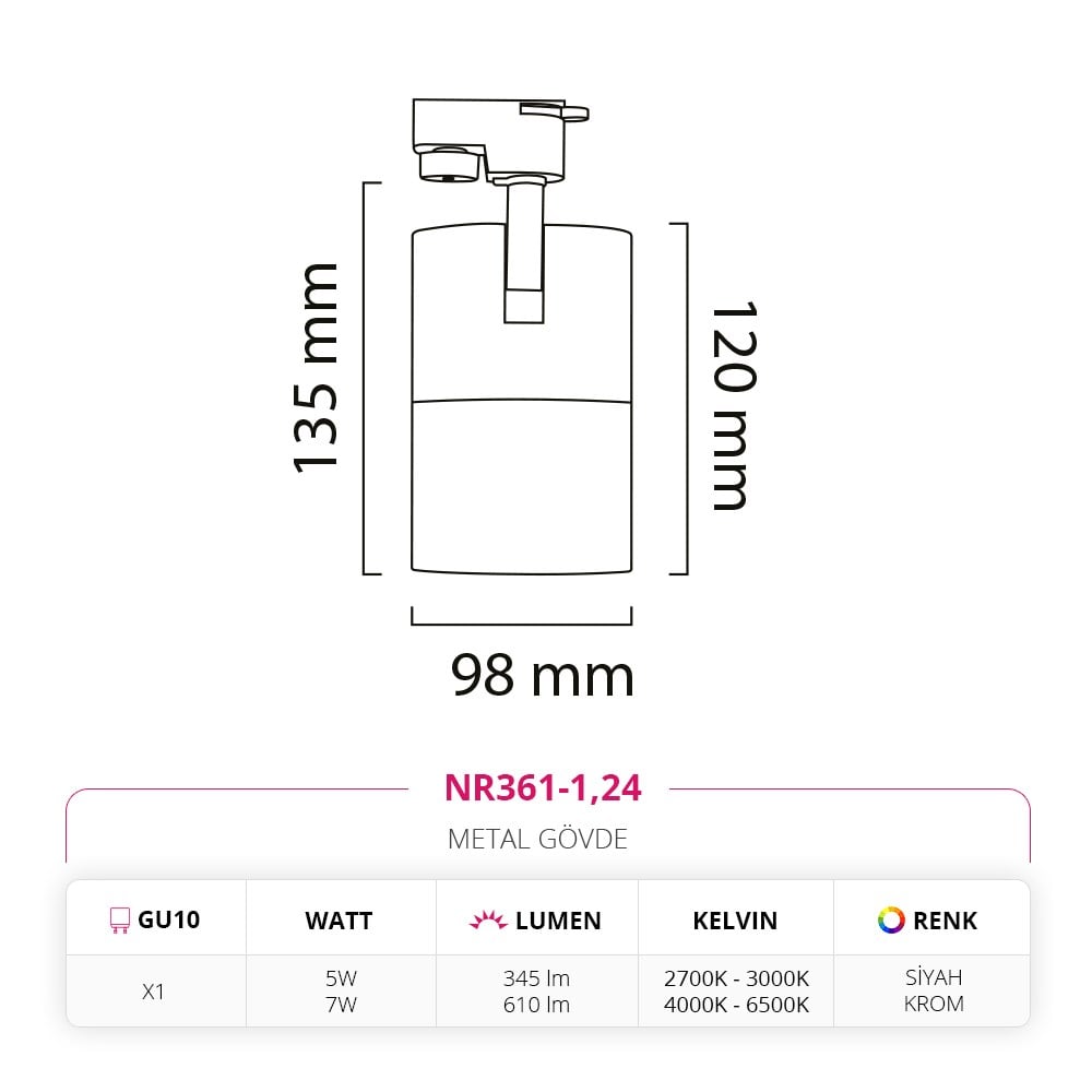 Nevo Dekoratif Siyah Krom Ray Spot NR361-1