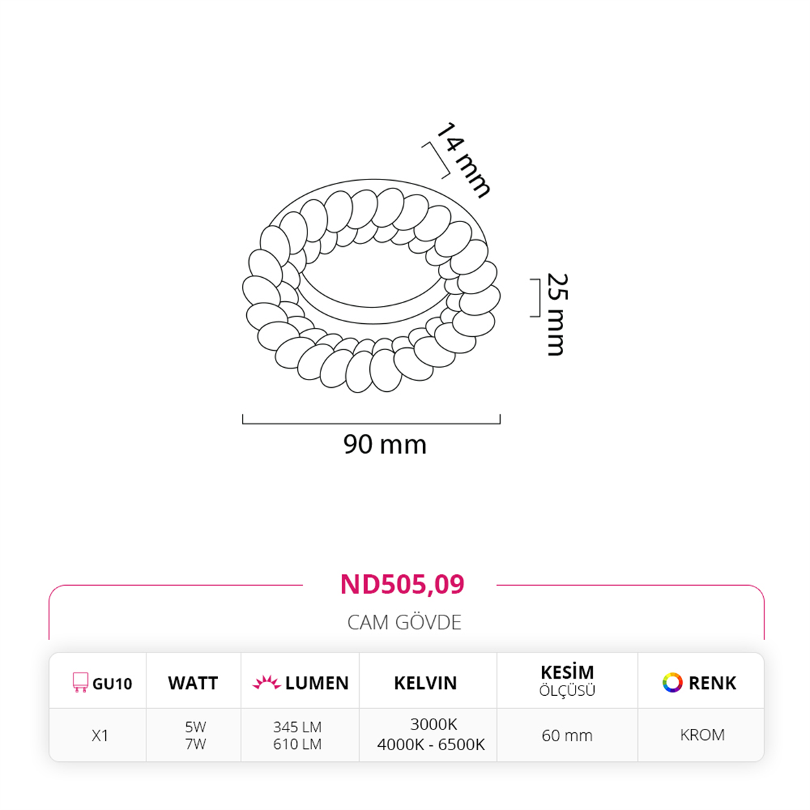 Nevo Sıva Altı Cam Spot Krom ND505