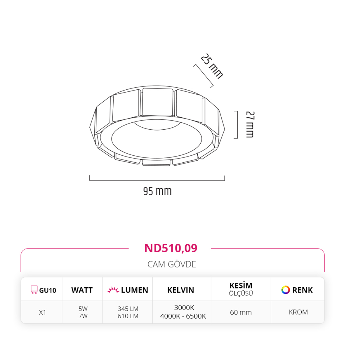 Nevo Sıva Altı Cam Spot Krom ND510