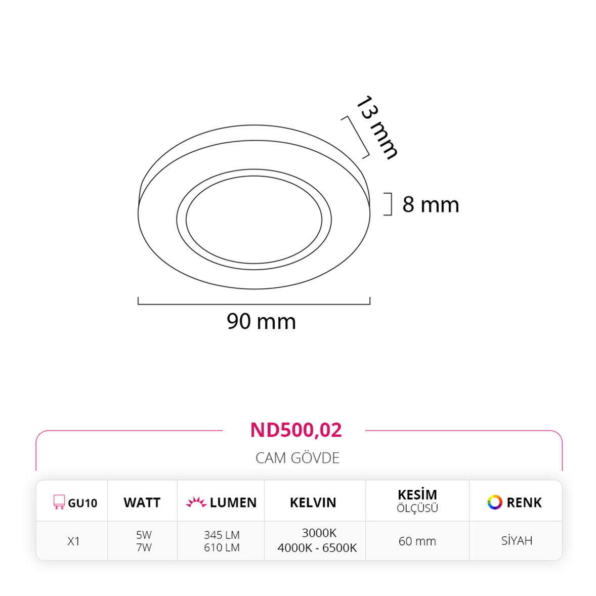 Nevo Sıva Altı Cam Spot Siyah ND500
