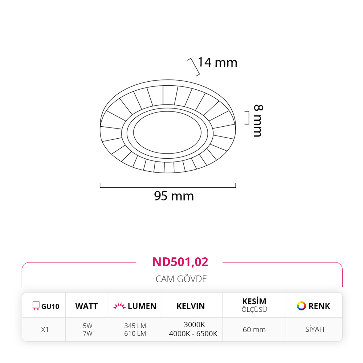 Nevo Sıva Altı Cam Spot Siyah ND501