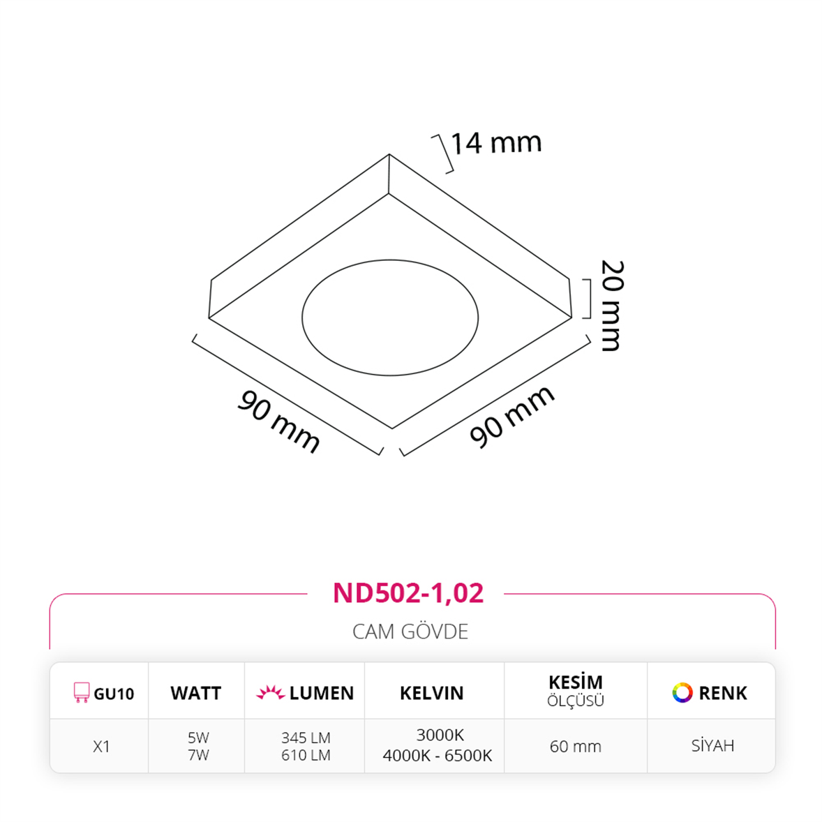 Nevo Sıva Altı Cam Spot Siyah ND502-1