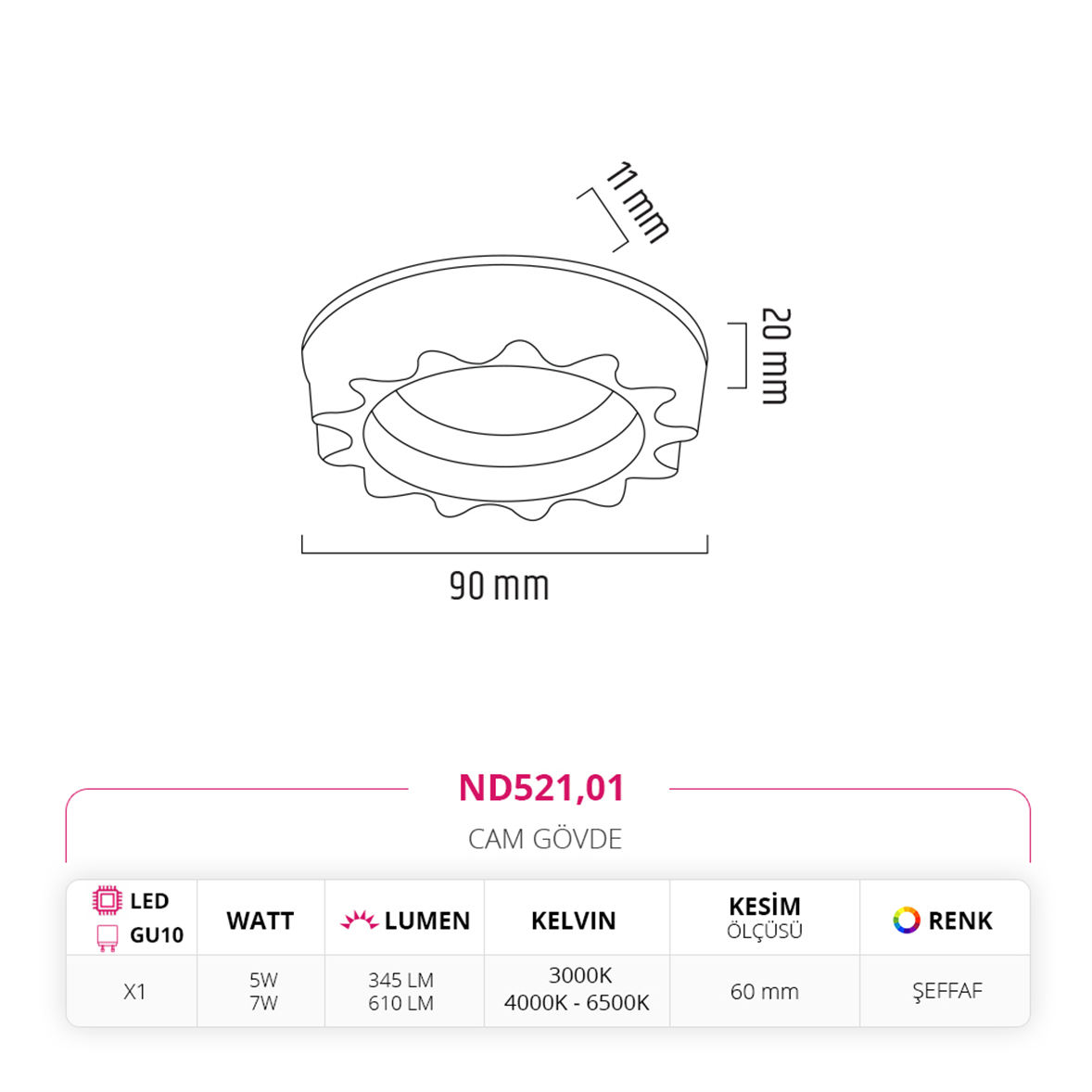 Nevo Sıva Altı Çerçeve Ledli Cam Spot ND521