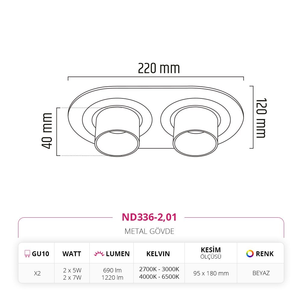 Nevo Sıva Altı İkili Led Spot Beyaz ND336-2