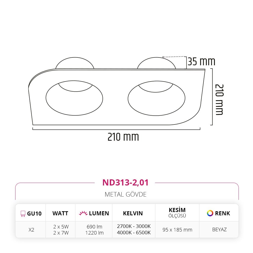 Nevo Sıva Altı İkili Led Spot Beyaz ND313-2