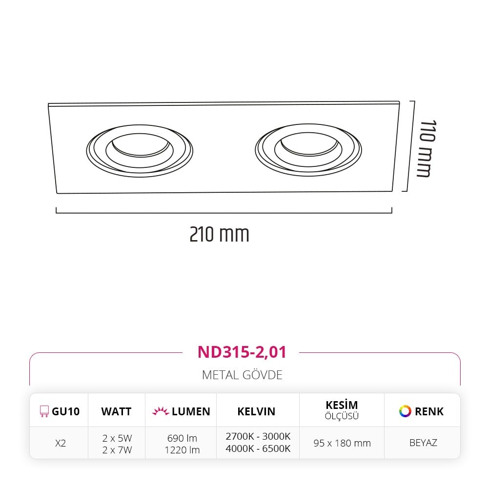 Nevo Sıva Altı İkili Led Spot Beyaz ND315-2