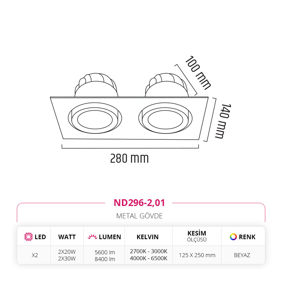 Nevo Sıva Altı İkili Led Spot Beyaz ND296-2