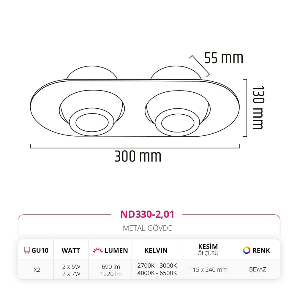 Nevo Sıva Altı İkili Led Spot Beyaz ND330-2