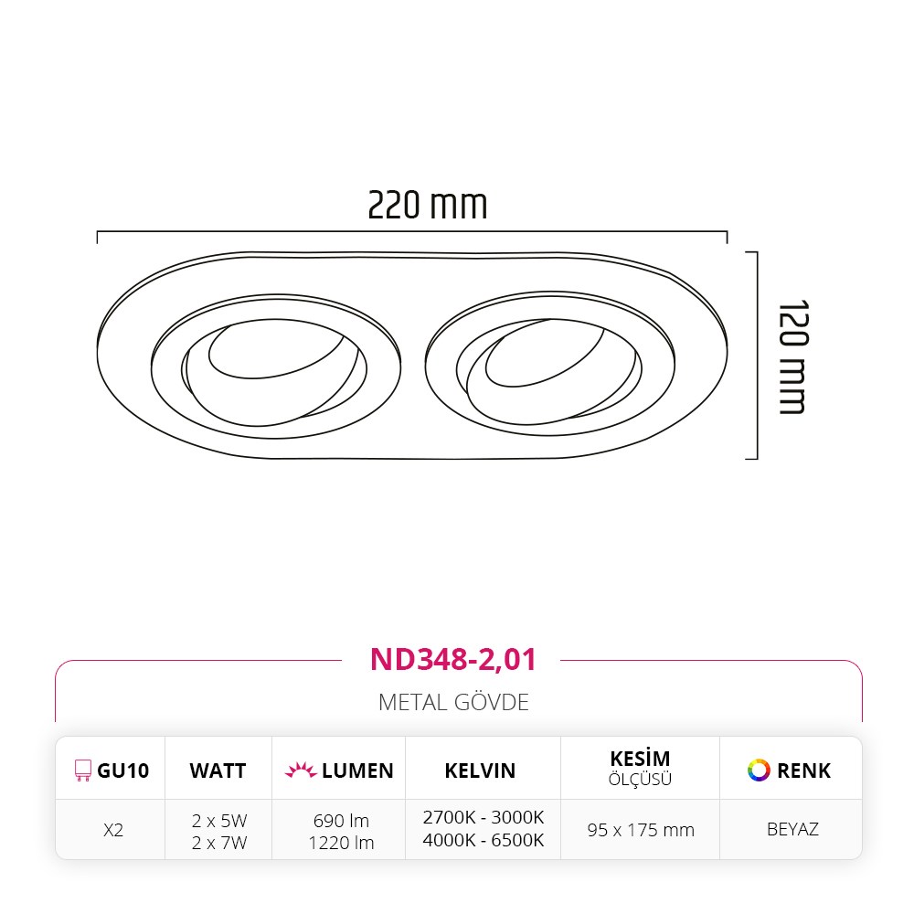 Nevo Sıva Altı İkili Led Spot Beyaz ND348-2