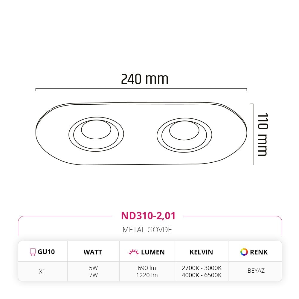 Nevo Sıva Altı İkili Led Spot Beyaz ND310-2