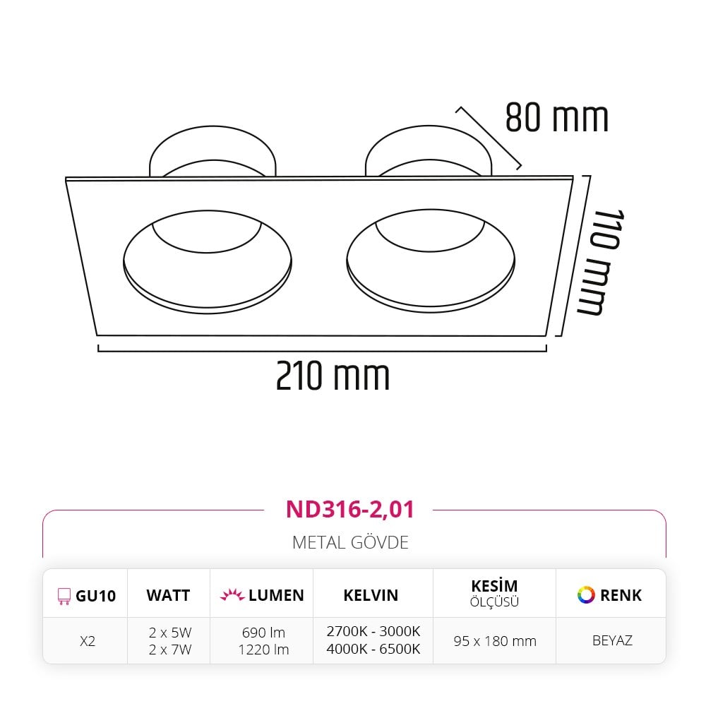 Nevo Sıva Altı İkili Led Spot Beyaz ND316-2