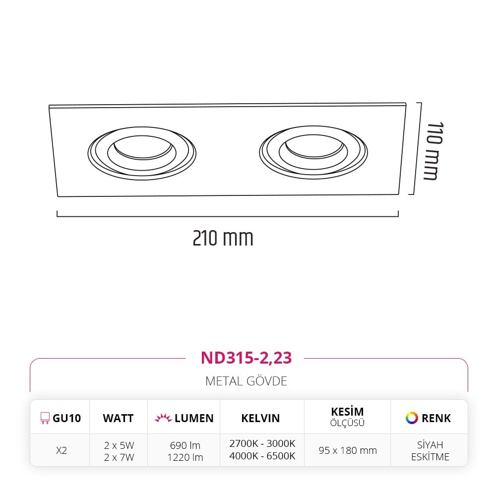 Nevo Sıva Altı İkili Led Spot Eskitme ND315-2