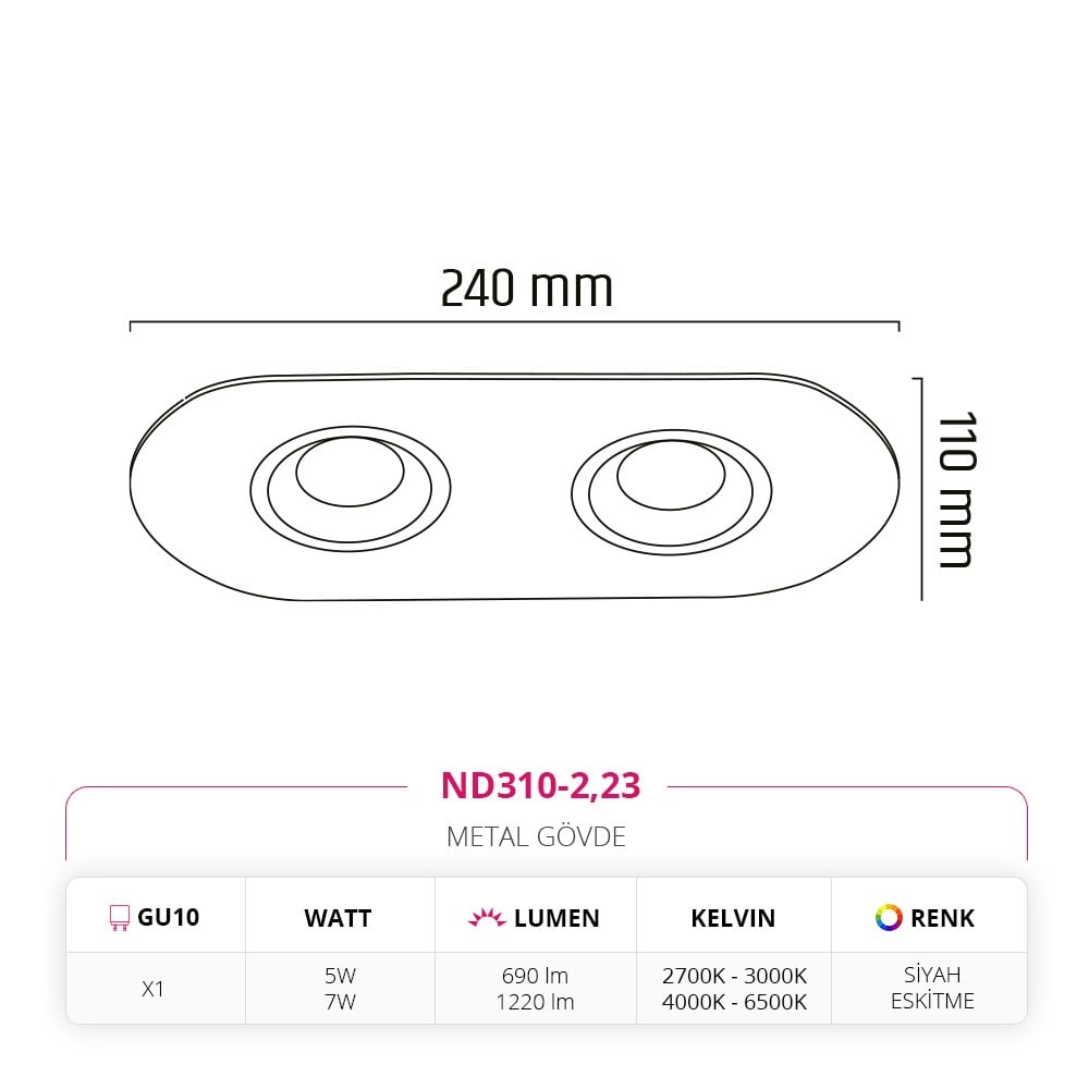 Nevo Sıva Altı İkili Led Spot Eskitme Siyah ND310-2