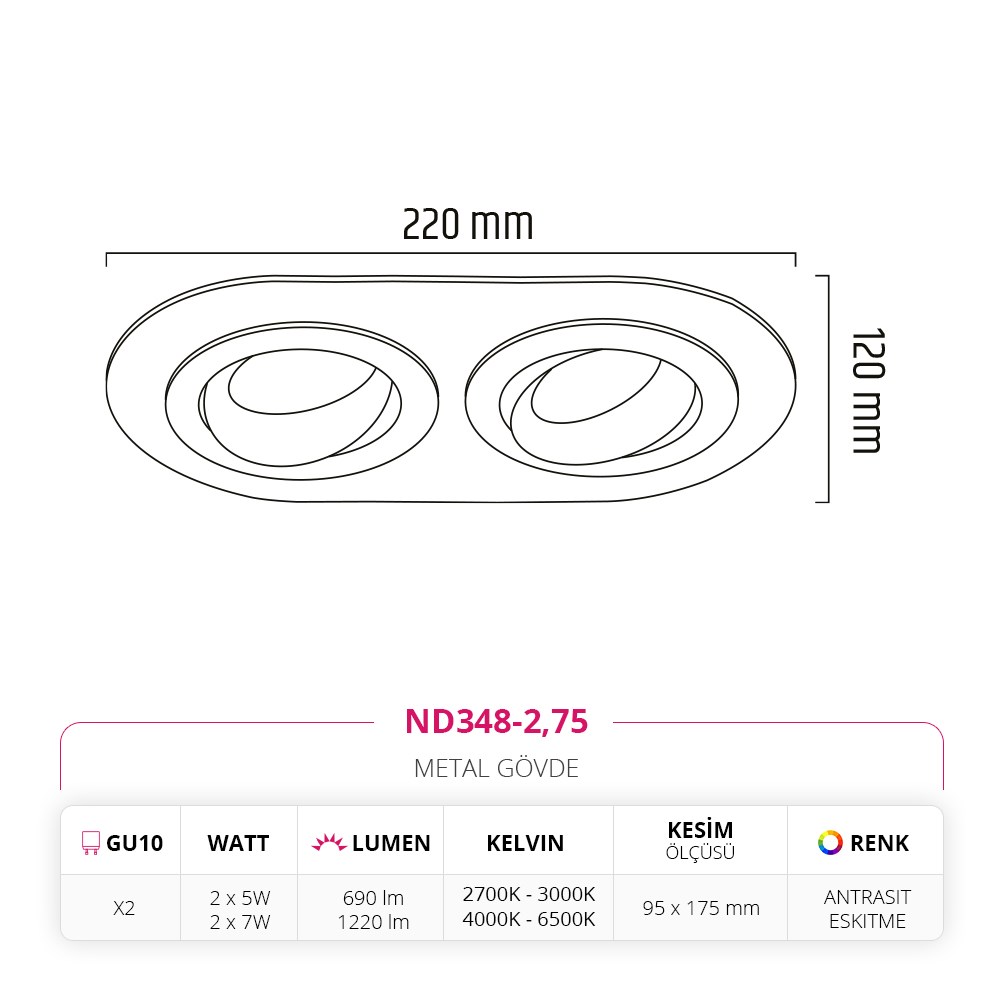 Nevo Sıva Altı İkili Led Spot Eskitme Antrasit ND348-2
