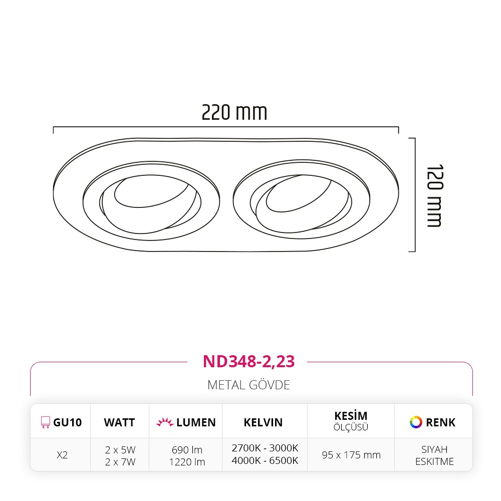 Nevo Sıva Altı İkili Led Spot Siyah Eskitme ND348-2
