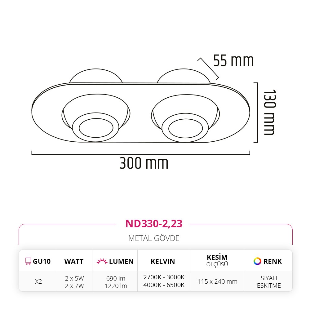 Nevo Sıva Altı İkili Led Spot Eskitme Siyah ND330-2