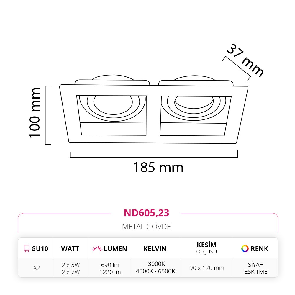 Nevo Sıva Altı İkili Led Spot Siyah Eskitme Siyah ND605
