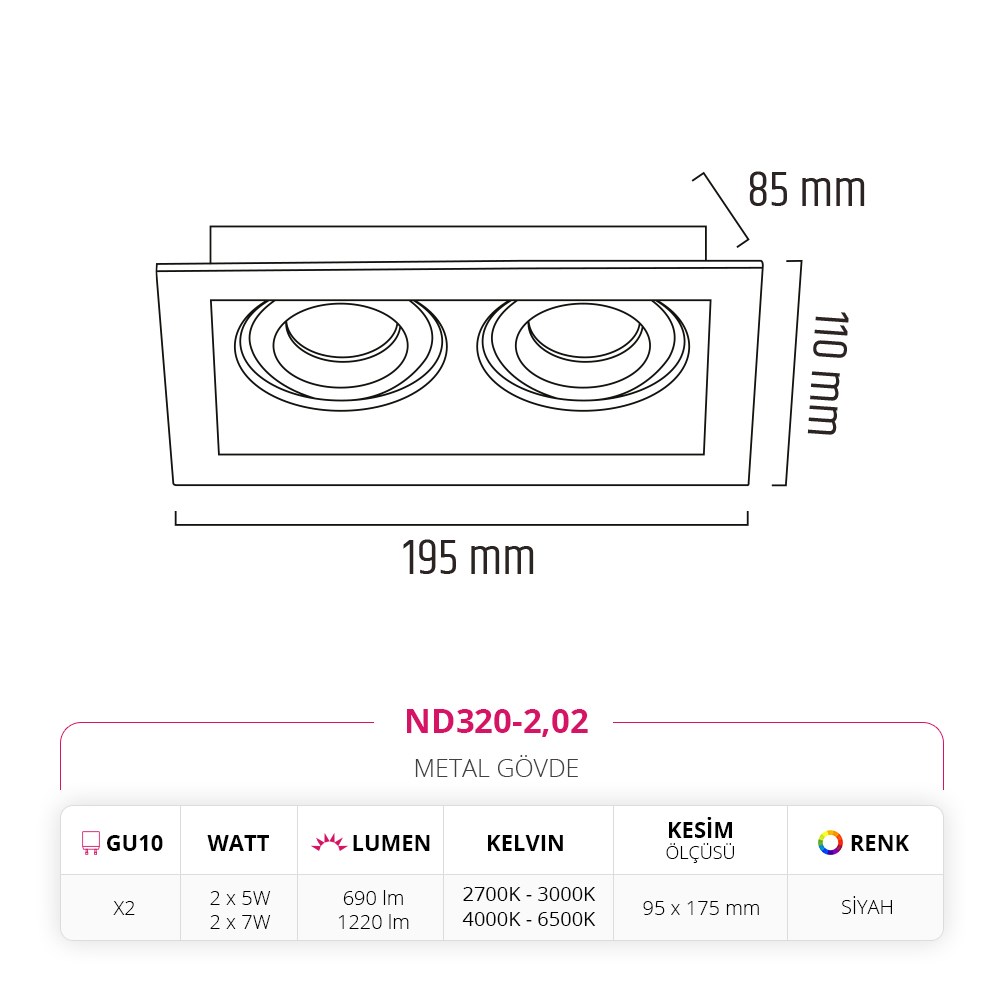 Nevo Sıva Altı İkili Led Spot Siyah ND320-2