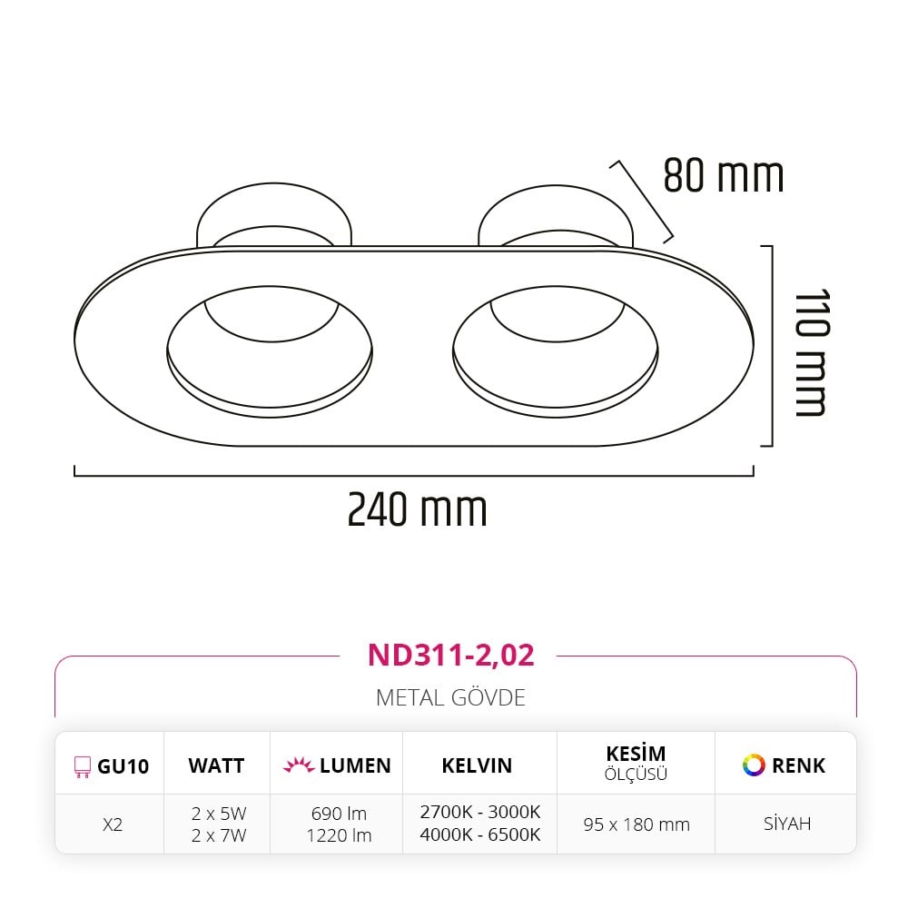 Nevo Sıva Altı İkili Led Spot Siyah ND311-2