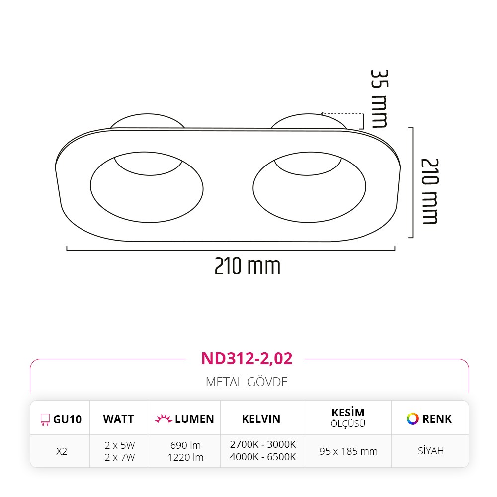 Nevo Sıva Altı İkili Led Spot Siyah ND312-2