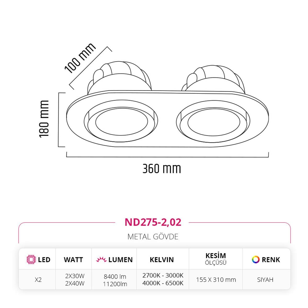 Nevo Sıva Altı İkili Led Spot Siyah ND275-2