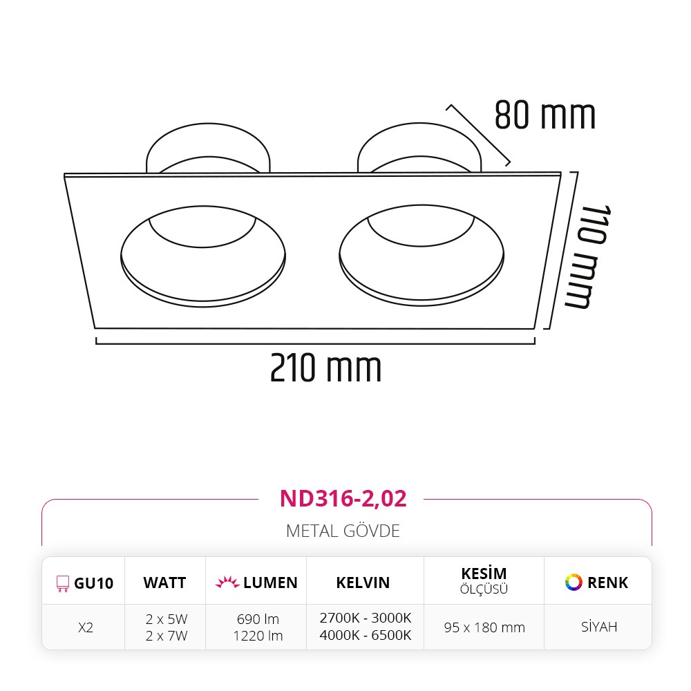 Nevo Sıva Altı İkili Led Spot Siyah ND316-2