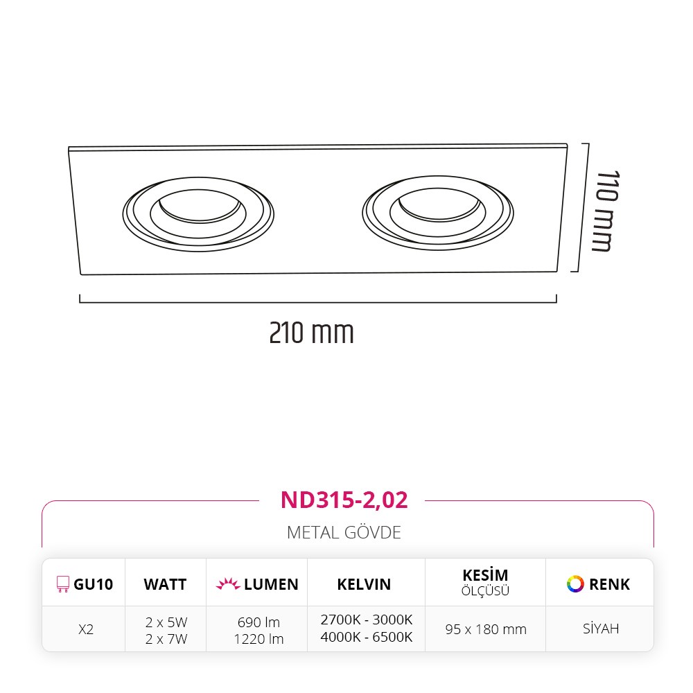 Nevo Sıva Altı İkili Led Spot Siyah ND315-2