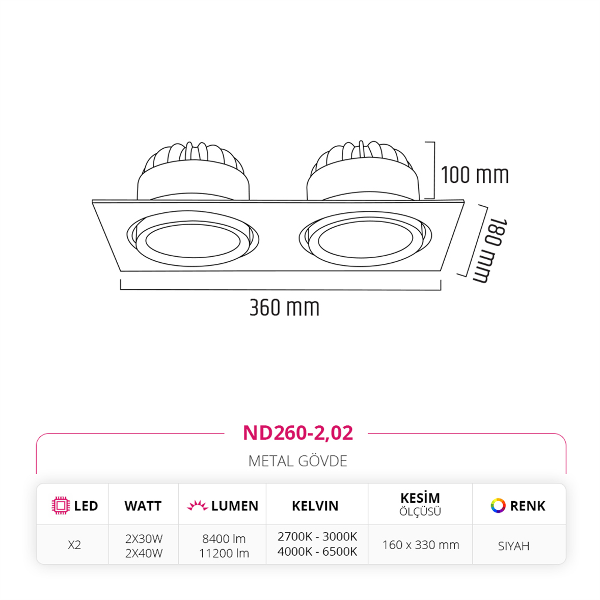 Nevo Sıva Altı İkili Led Spot Siyah ND260-2