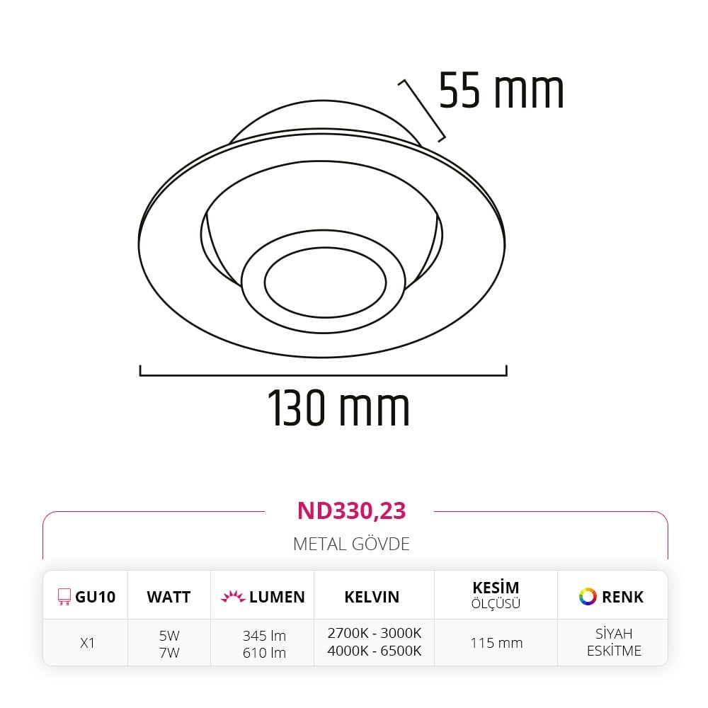 Nevo Sıva Altı Led Spot Eskitme Siyah ND330