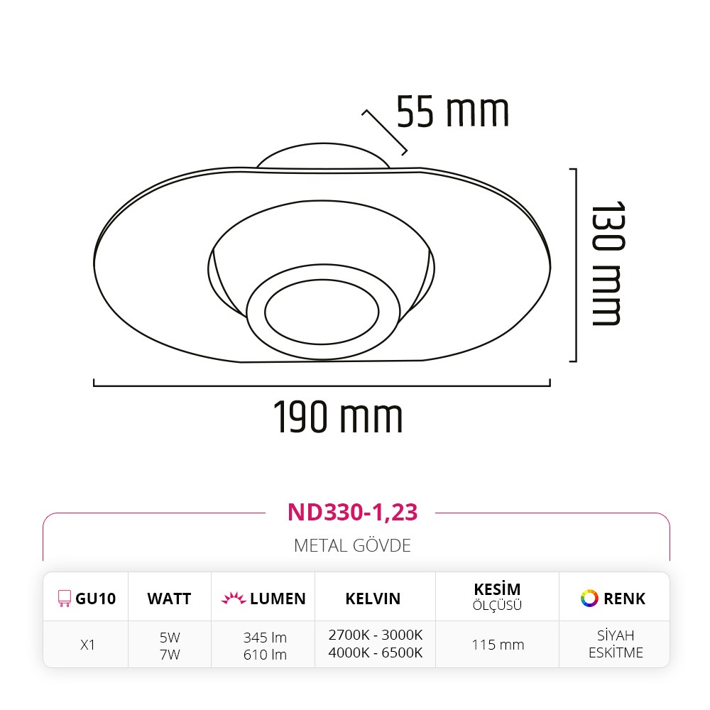 Nevo Sıva Altı Led Spot Eskitme Siyah ND330-1