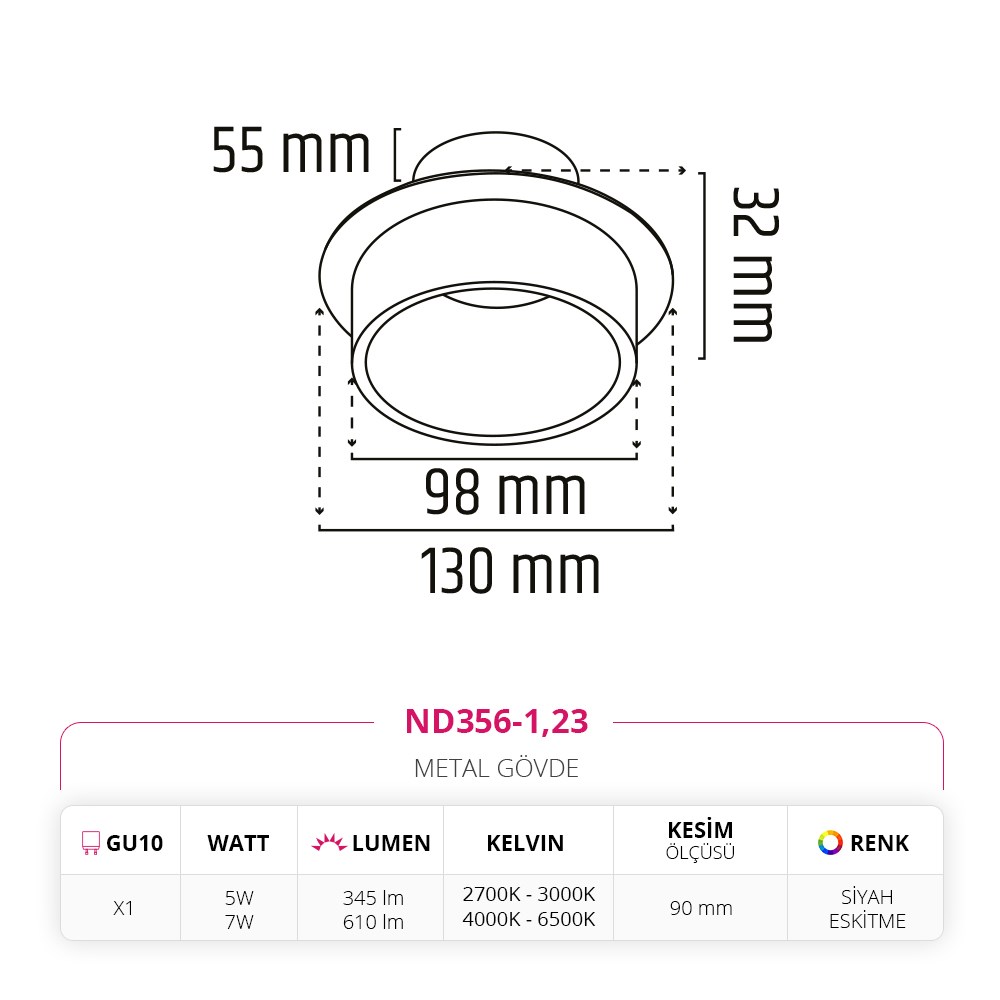 Nevo Sıva Altı Led Spot Eskitme Siyah ND356-1
