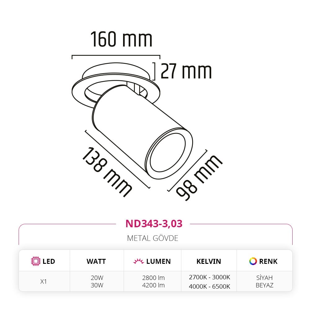 Nevo Sıva Altı Led Spot Siyah Beyaz ND343-3