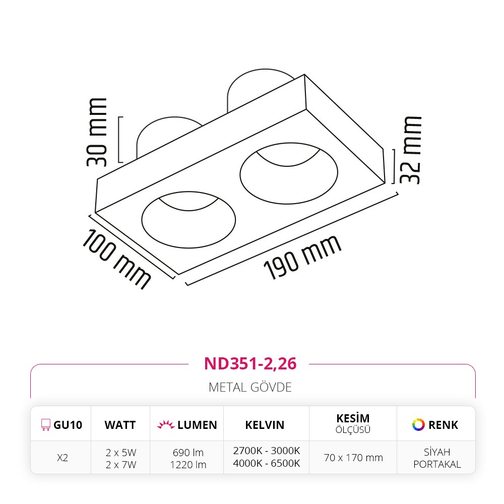 Nevo Sıva Altı Led Spot Siyah Portakal ND351-2