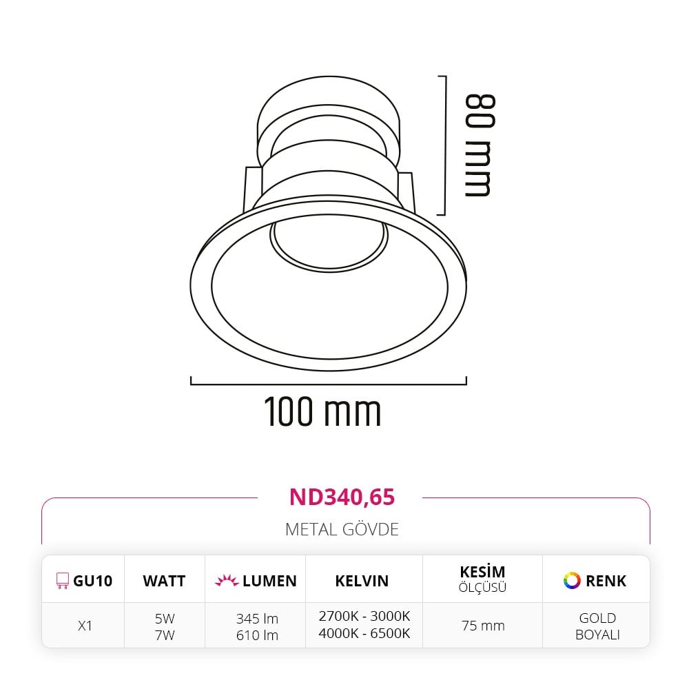 Nevo Sıva Altı Ledli Spot Gold Boyalı ND340