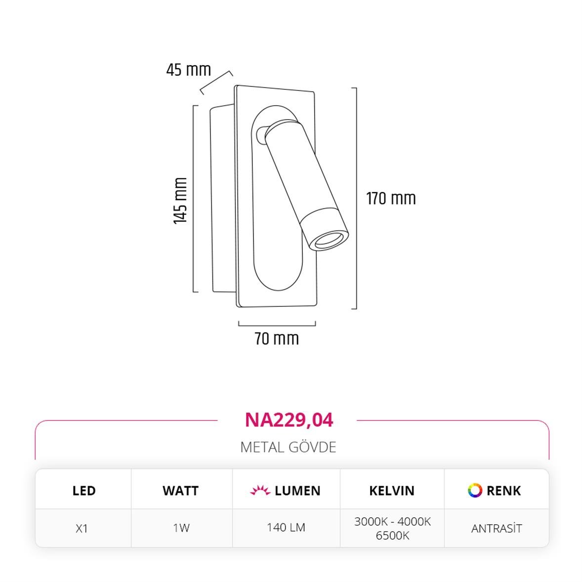 Nevo Sıva Altı Yatak Başı Aplik Antrasit NA229