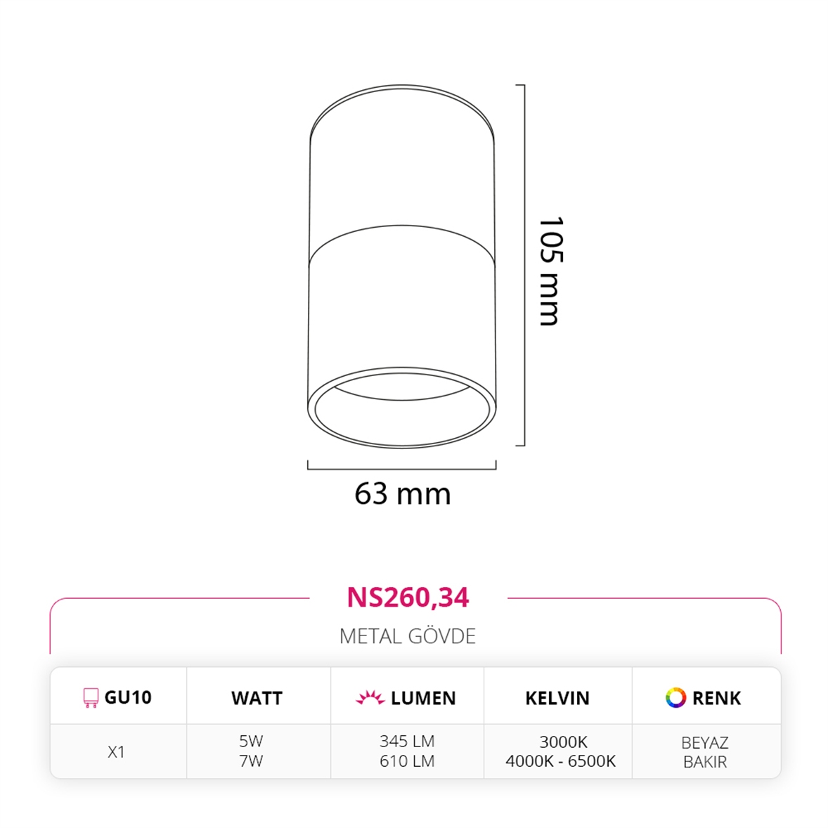 Nevo Sıva Üstü Led Spot Beyaz Bakır NS260