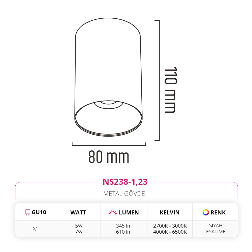 Nevo Sıva Üstü Led Spot Siyah Eskitme NS238-1