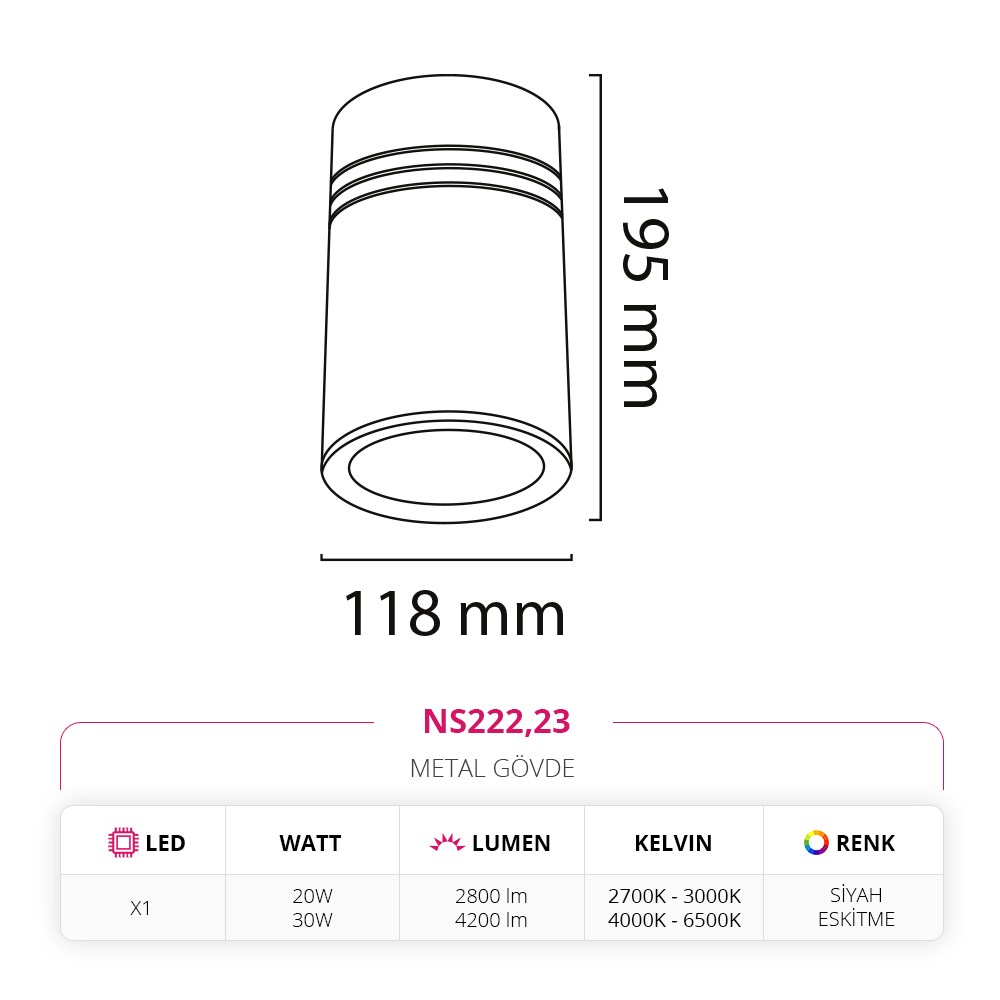Nevo Sıva Üstü LED Spot Siyah Eskitme NS222