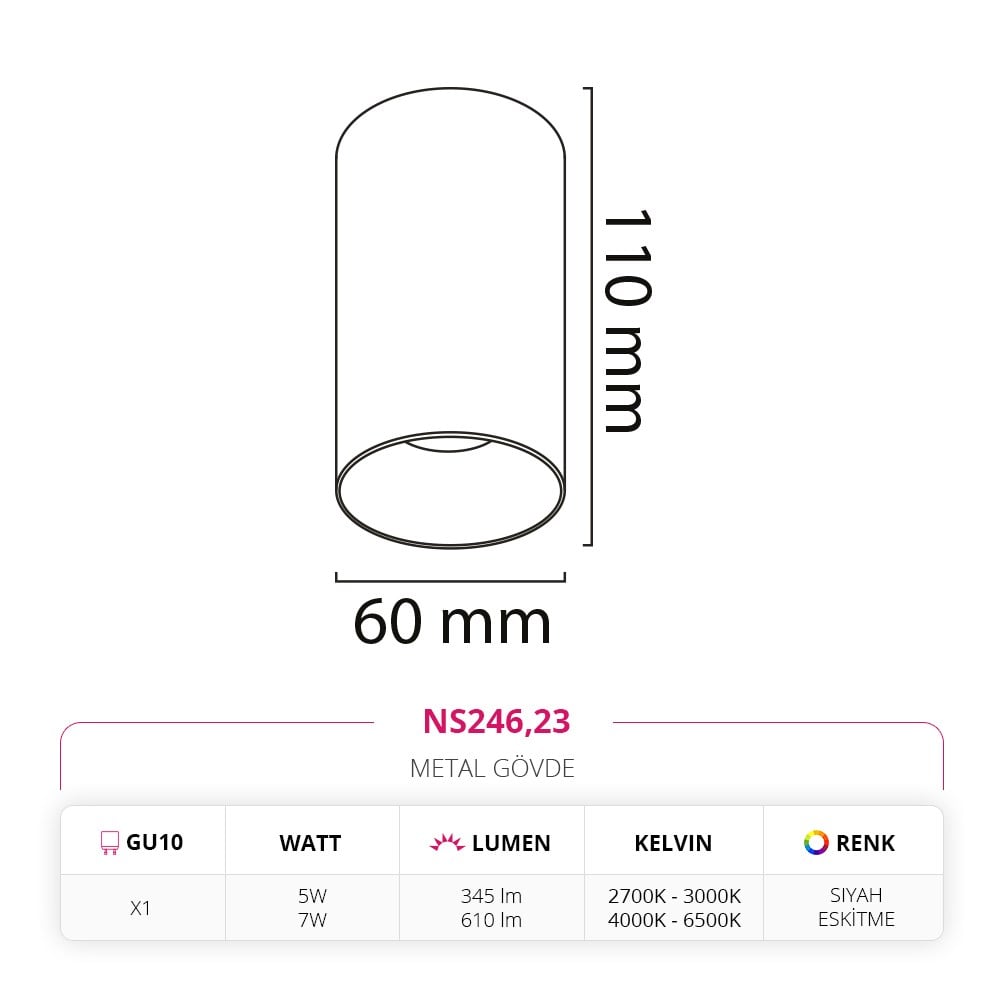 Nevo Sıva Üstü Led Spot Siyah Eskitme NS246