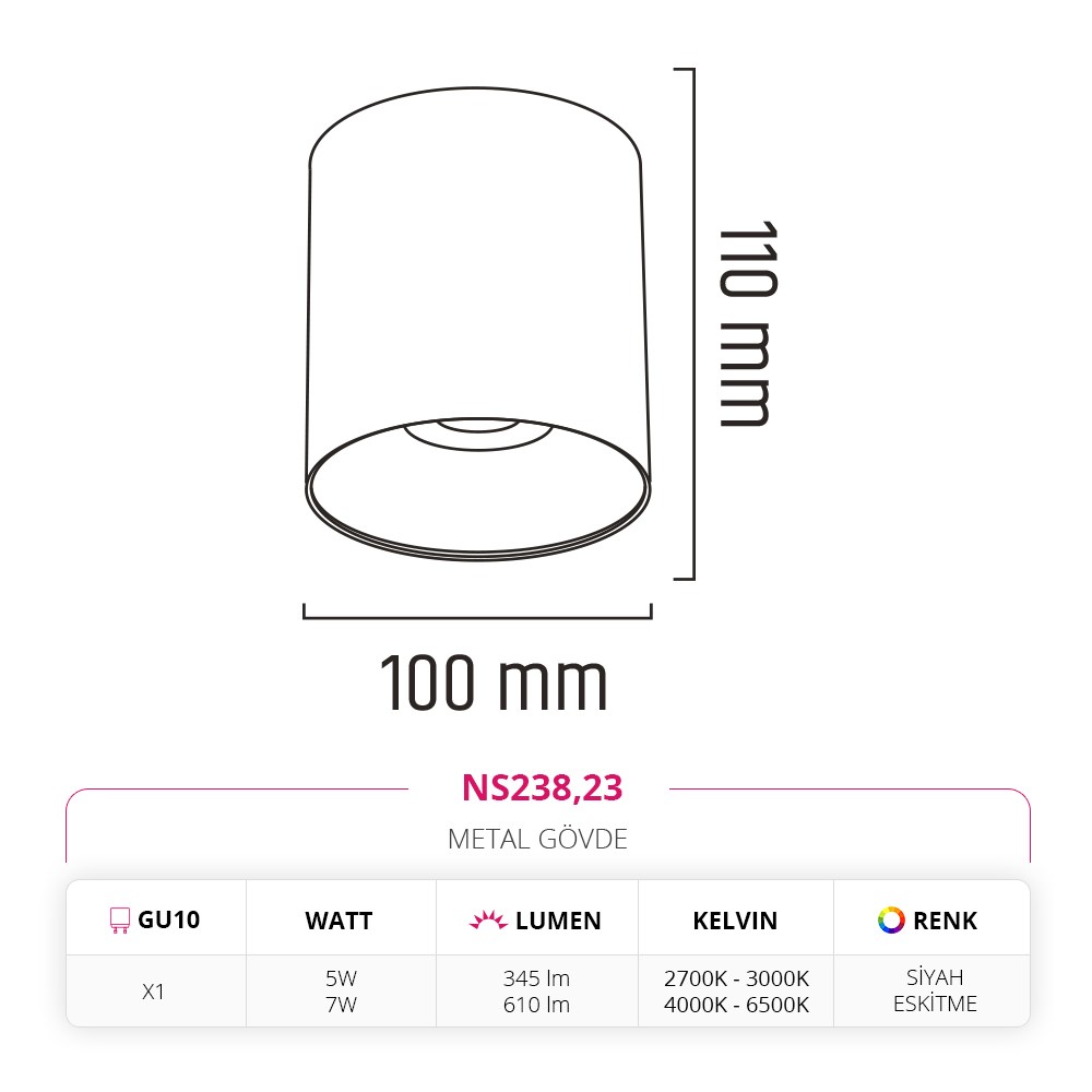 Nevo Sıva Üstü Led Spot Siyah Eskitme NS238