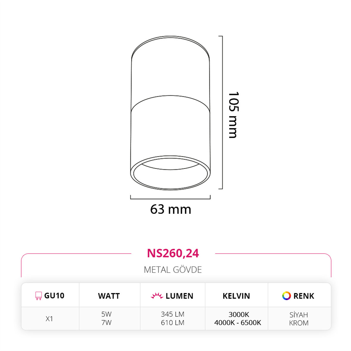 Nevo Sıva Üstü Led Spot Siyah Krom NS260
