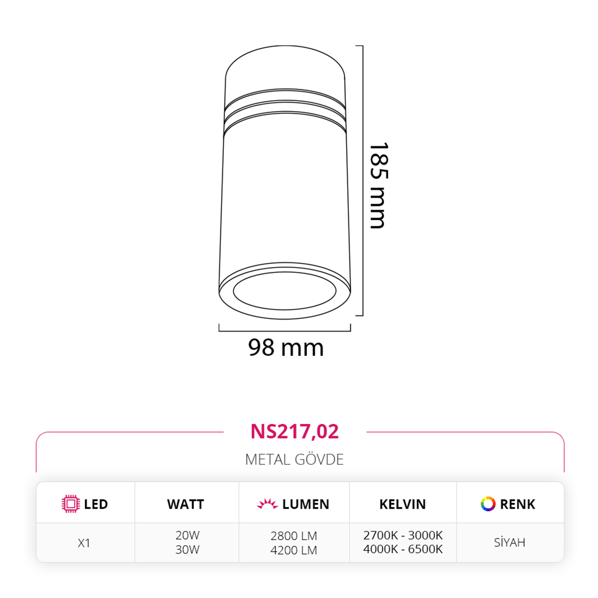 Nevo Sıva Üstü Led Spot Siyah NS217