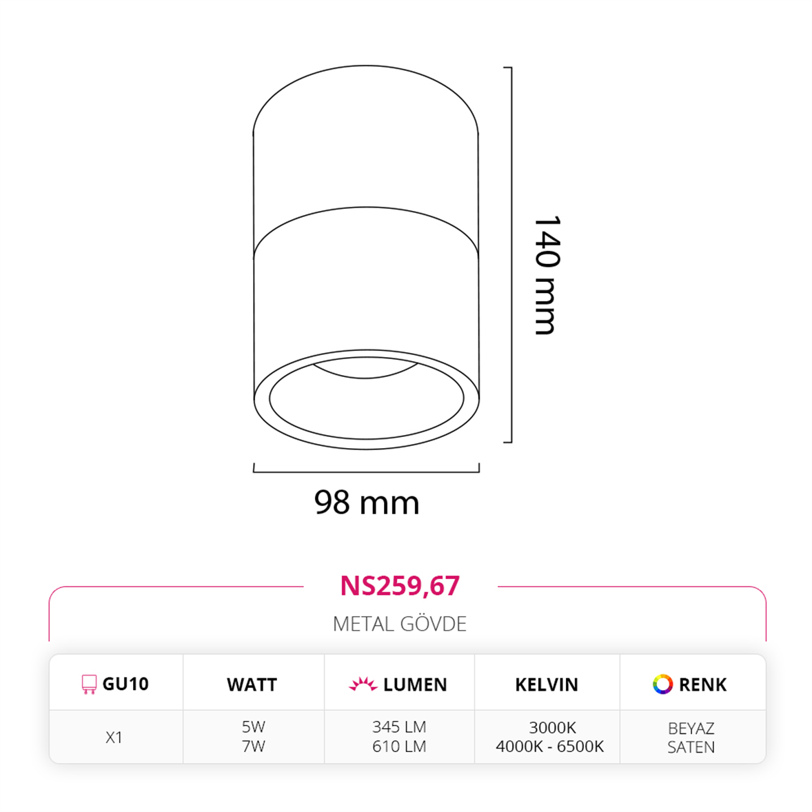 Nevo Sıva Üstü Led Spot Beyaz Saten NS259