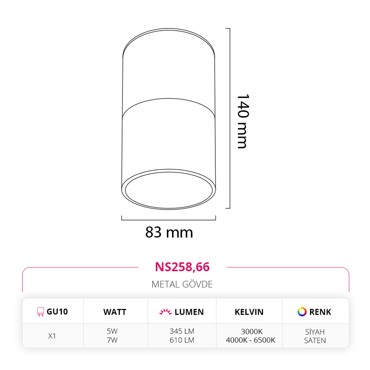 Nevo Sıva Üstü Led Spot Siyah Saten NS258