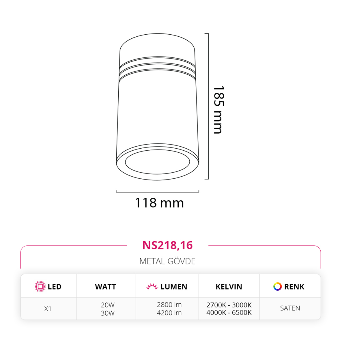 Nevo Sıva Üstü Led Spot Saten NS218